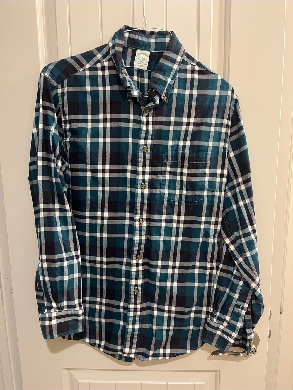Brooks Brothers Teal, Black and White Plaid Button-Down Shirt